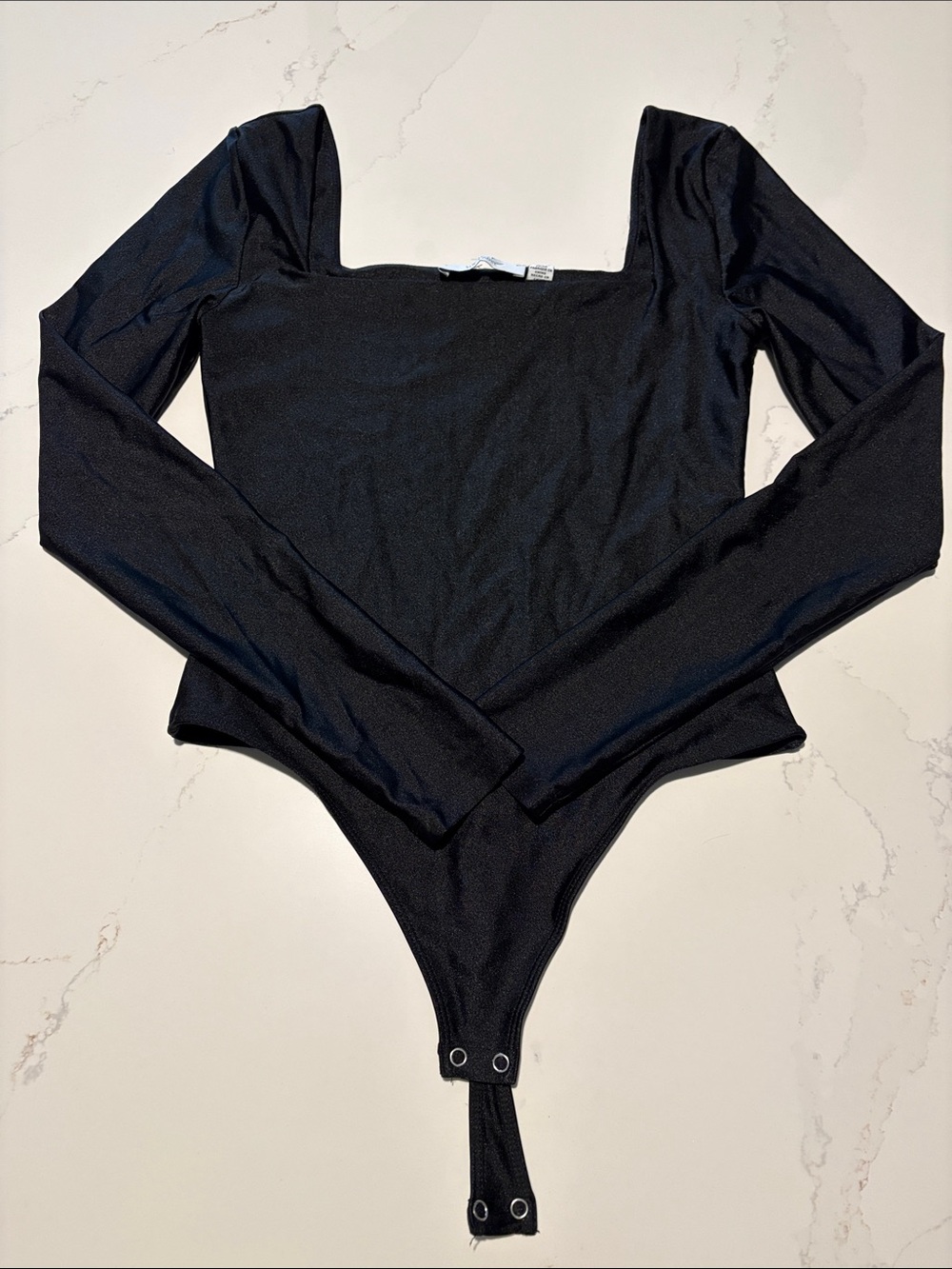 Black Long-Sleeve Square Neck One-Piece Bodysuit Shiny Black Size small